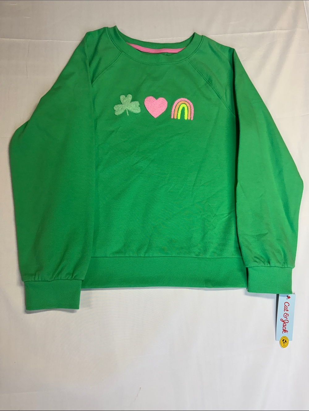 Cat & Jack Bright Green Sweatshirt with Shamrock Heart Rainbow